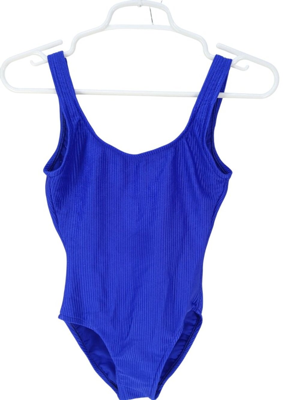 South Point Jantzen Vintage Blue Swimsuit US 10 High Thigh Low Back 80s Ribbed
